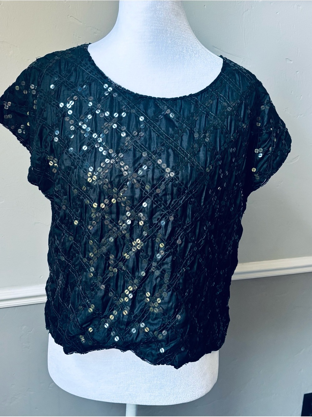 Black Sequin Short Sleeve Women's Blouse